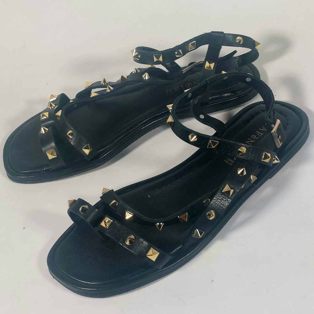 CaféNOIR Black Studded Leather Thong Sandals, EU41, NWT